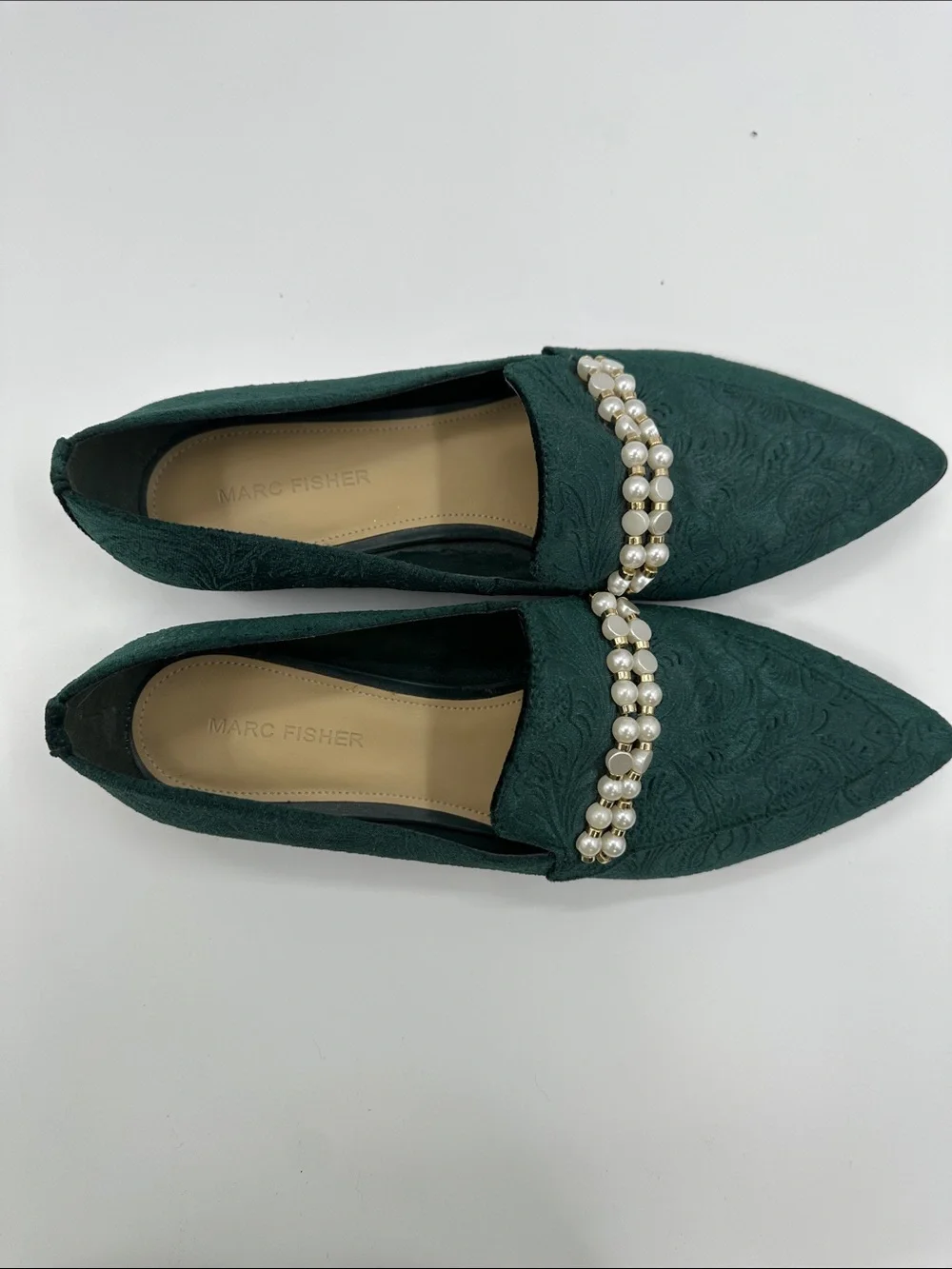 Marc Fisher Kneel Loafers Emerald Green Pearl-Trim Pointed Toe Flats Maximalist